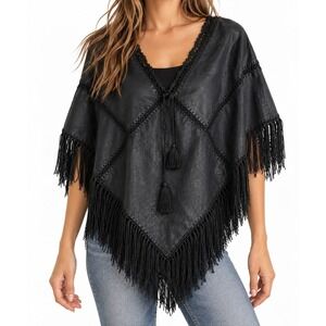 VTG Leather Fringe Poncho Crochet Patchwork Skirt Western Boho Festival